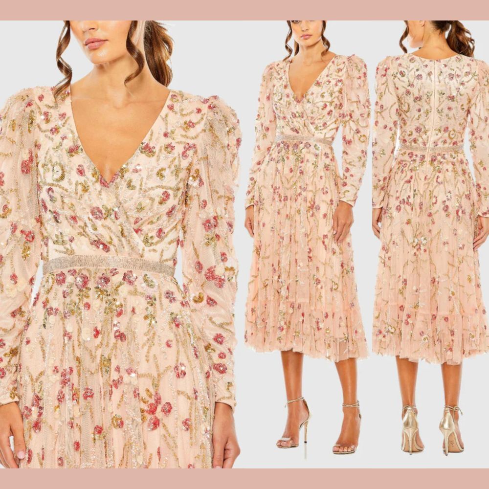 NEW MAC DUGGAL [‎ 8 ] 5580 Embellished Wrap Over Puff Sleeve A Line Gown Blush
